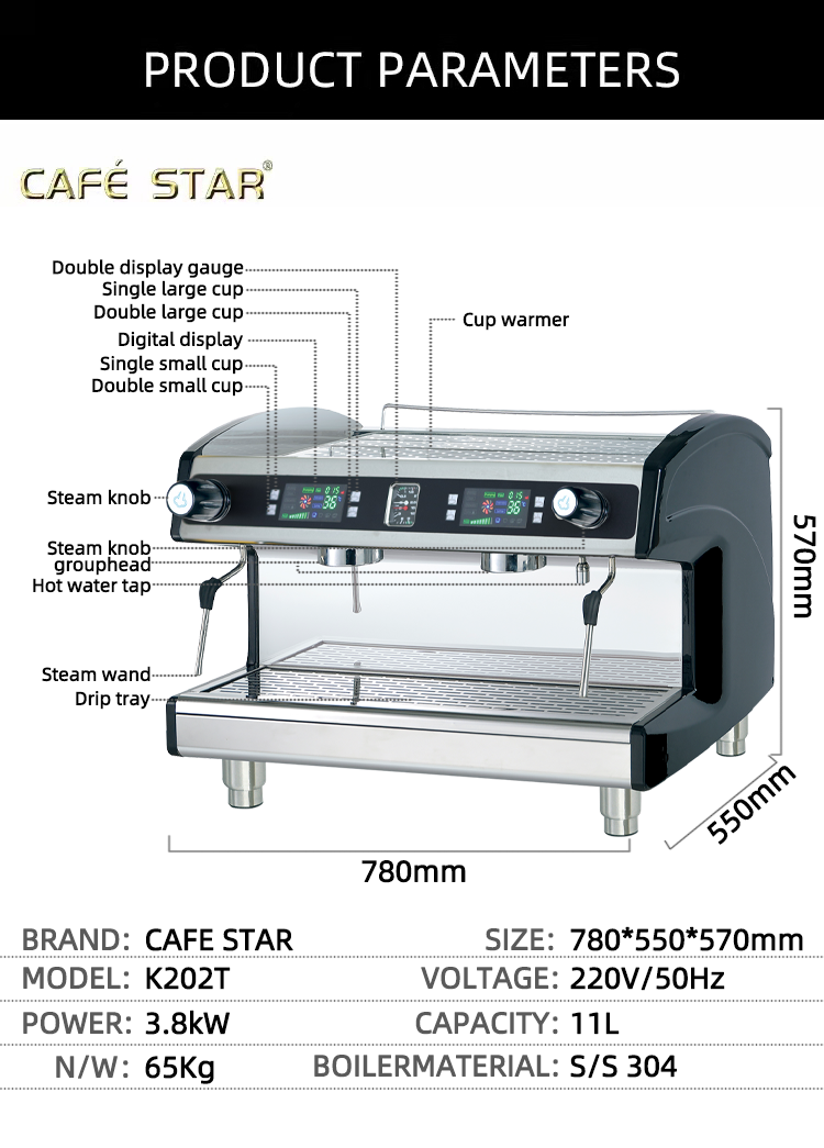 Machine à café commerciale semi-automatique à double groupe pour cafés